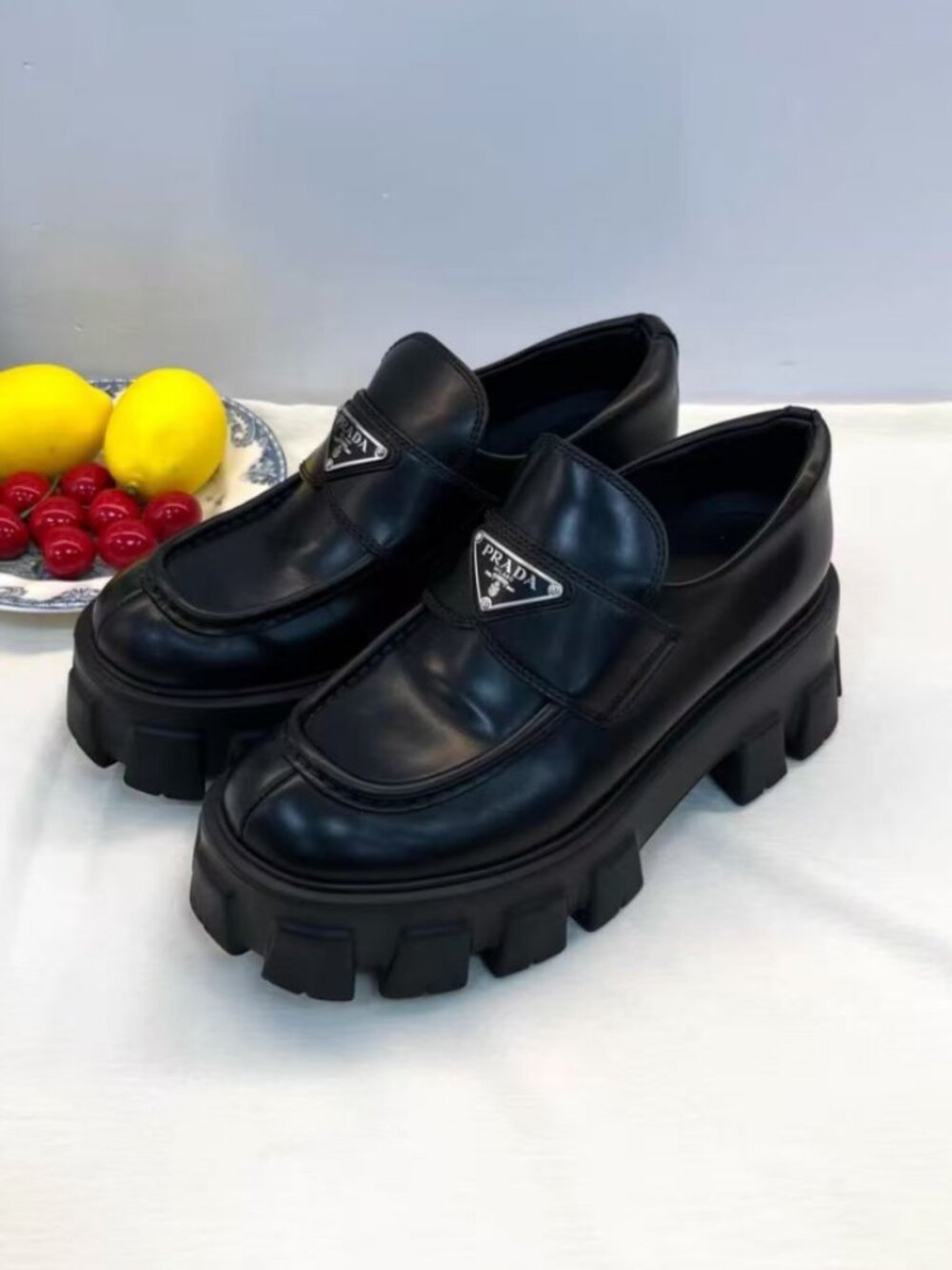 Prada Black Lug Sole Triangle Logo Loafers